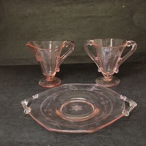 Vintage Pink Depression Glass  Creamer Set Etched Design - With Hexagon Plate